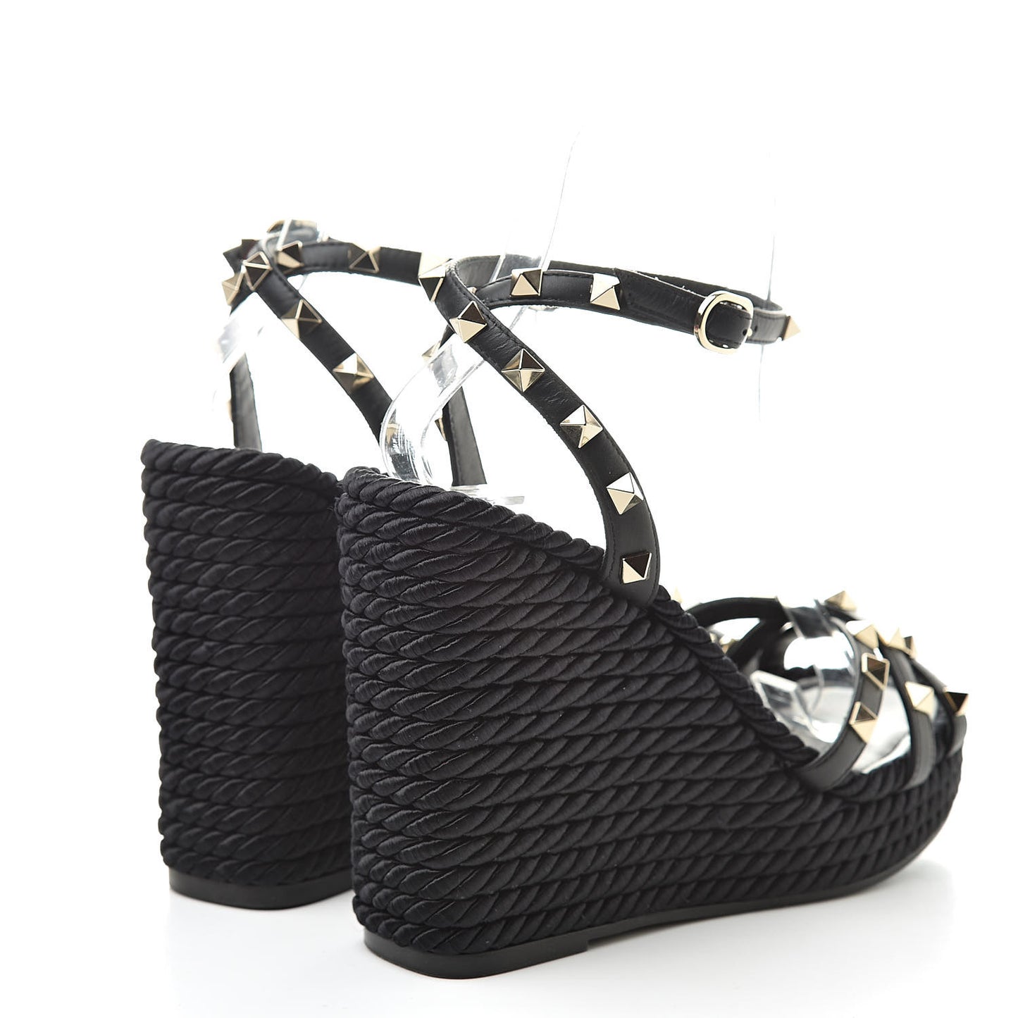 Calfskin Rockstud Ankle Strap Torchon Espadrille 25/95mm Wedge Sandals 36 Black