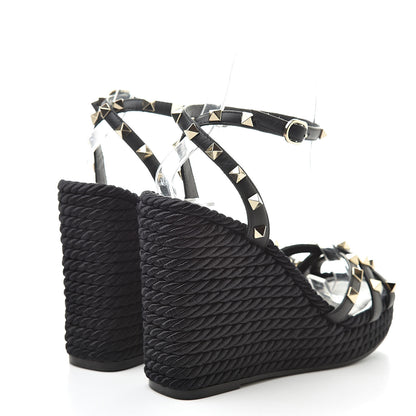 Valentino Garavani Calfskin Rockstud Ankle Strap Torchon Espadrille 25/95mm Wedge Sandals 36 Black 4 of 10