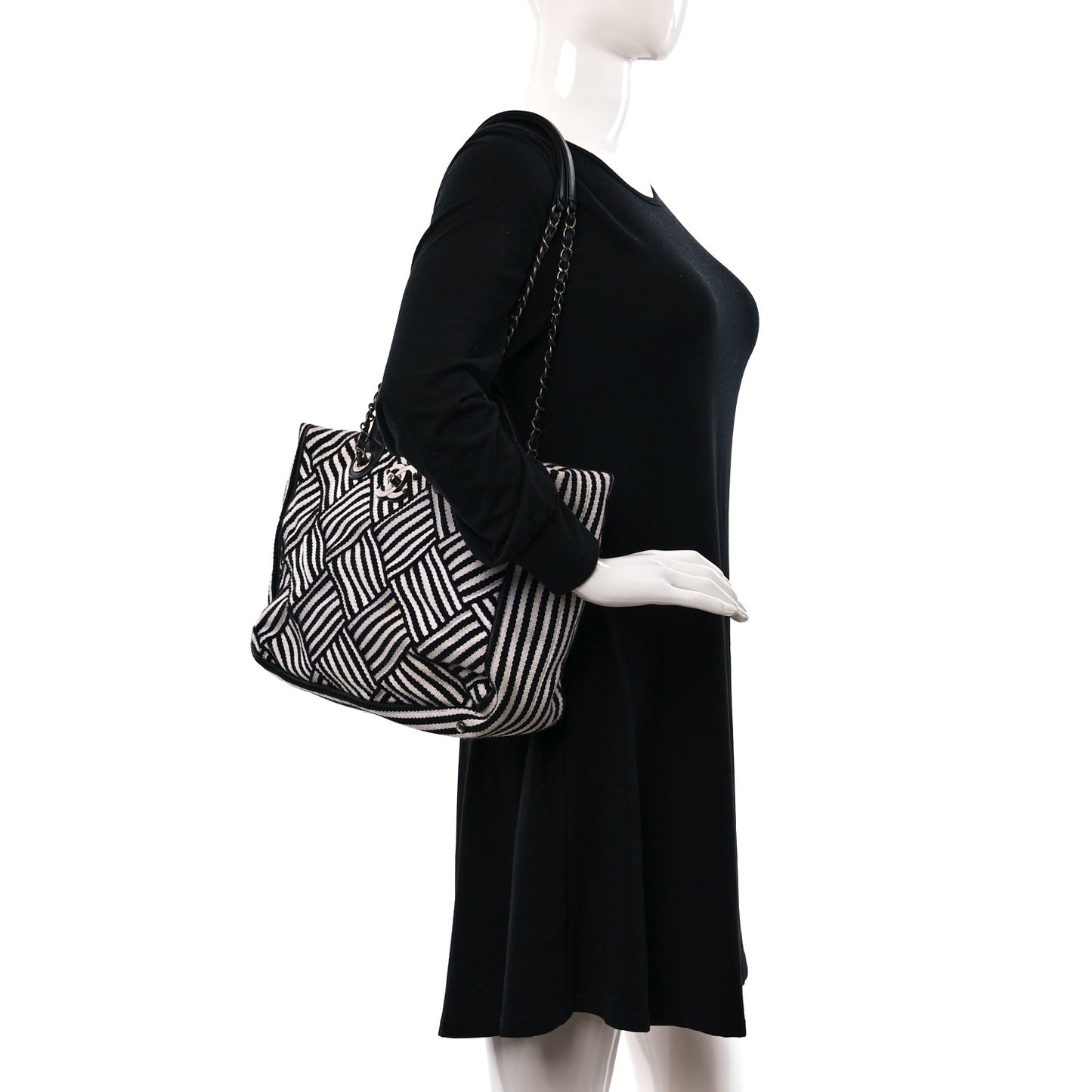 Woven Canvas Large Easy Shopping Tote Black White