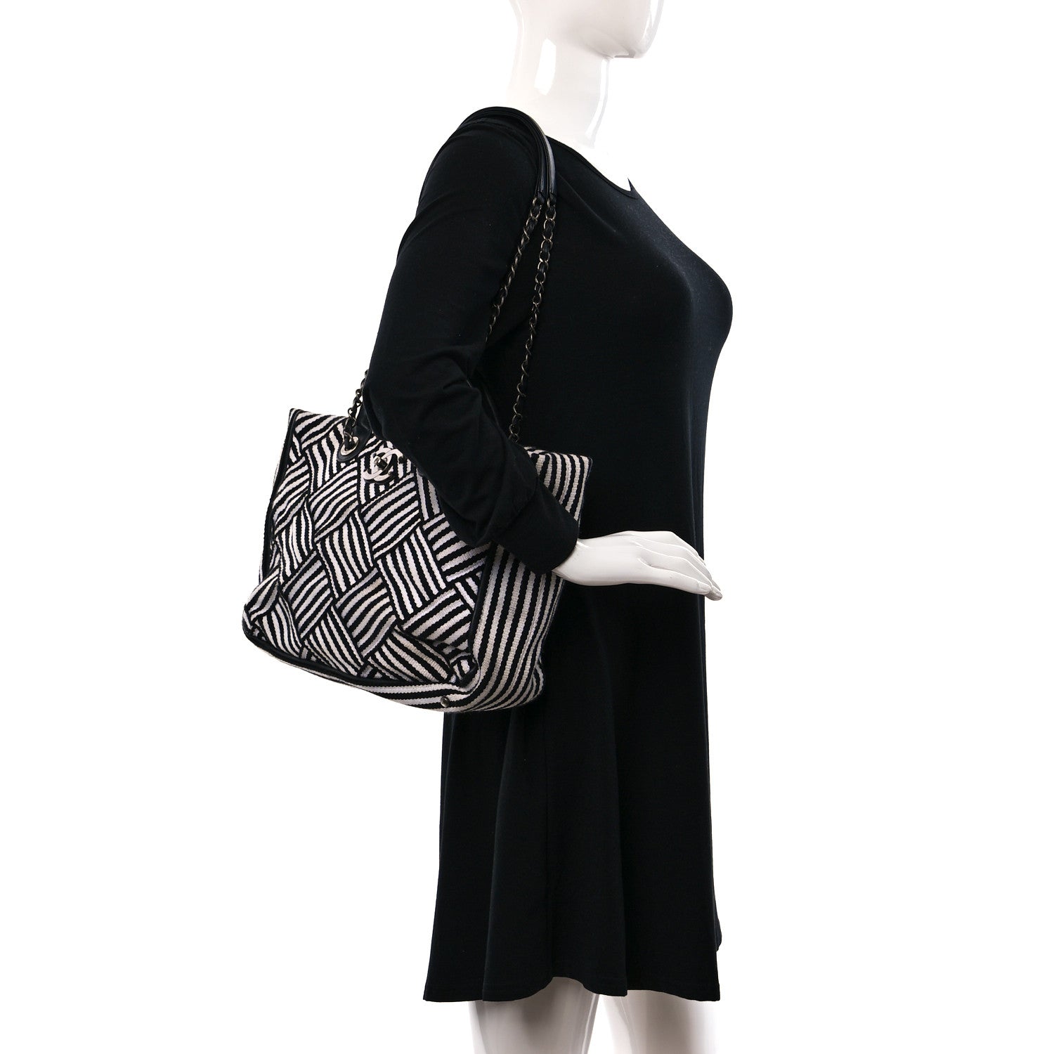 Chanel Woven Canvas Large Easy Shopping Tote Black White 2 of 9