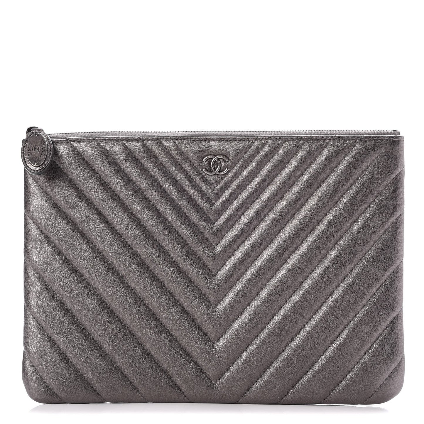 Metallic Calfskin Chevron Quilted Medium Cosmetic Case Dark Silver