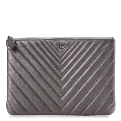 Chanel Metallic Calfskin Chevron Quilted Medium Cosmetic Case Dark Silver 1 of 8