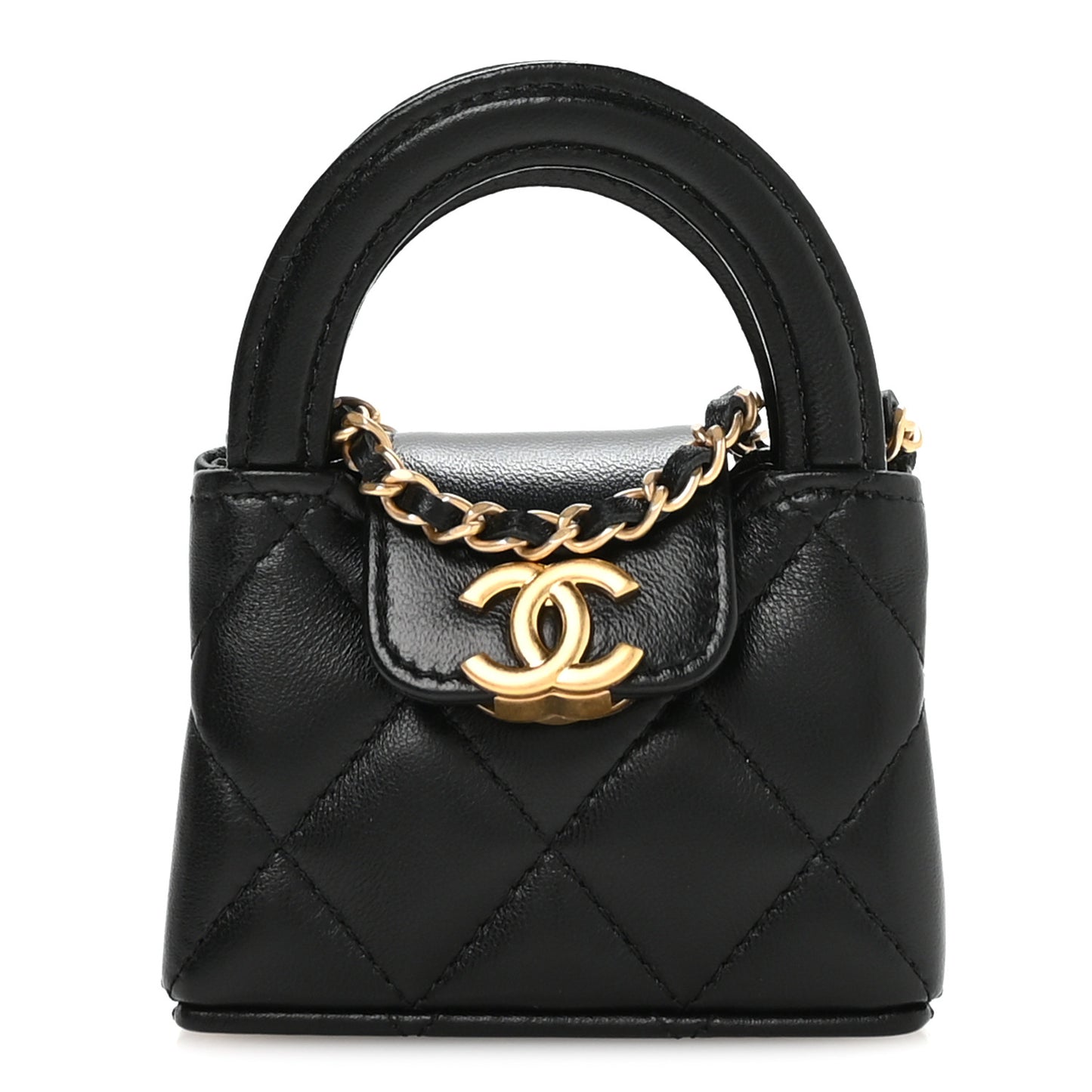 Shiny Lambskin Quilted Mini Kelly Bag Charm Black