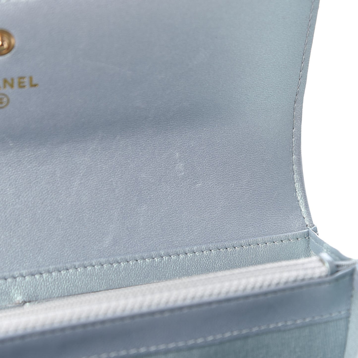 Metallic Patent Calfskin Quilted Boy Flat Wallet Light Blue