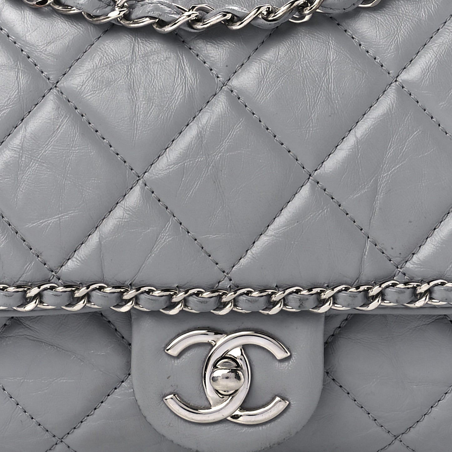 Crumpled Calfskin Large Chain All Over Flap Grey