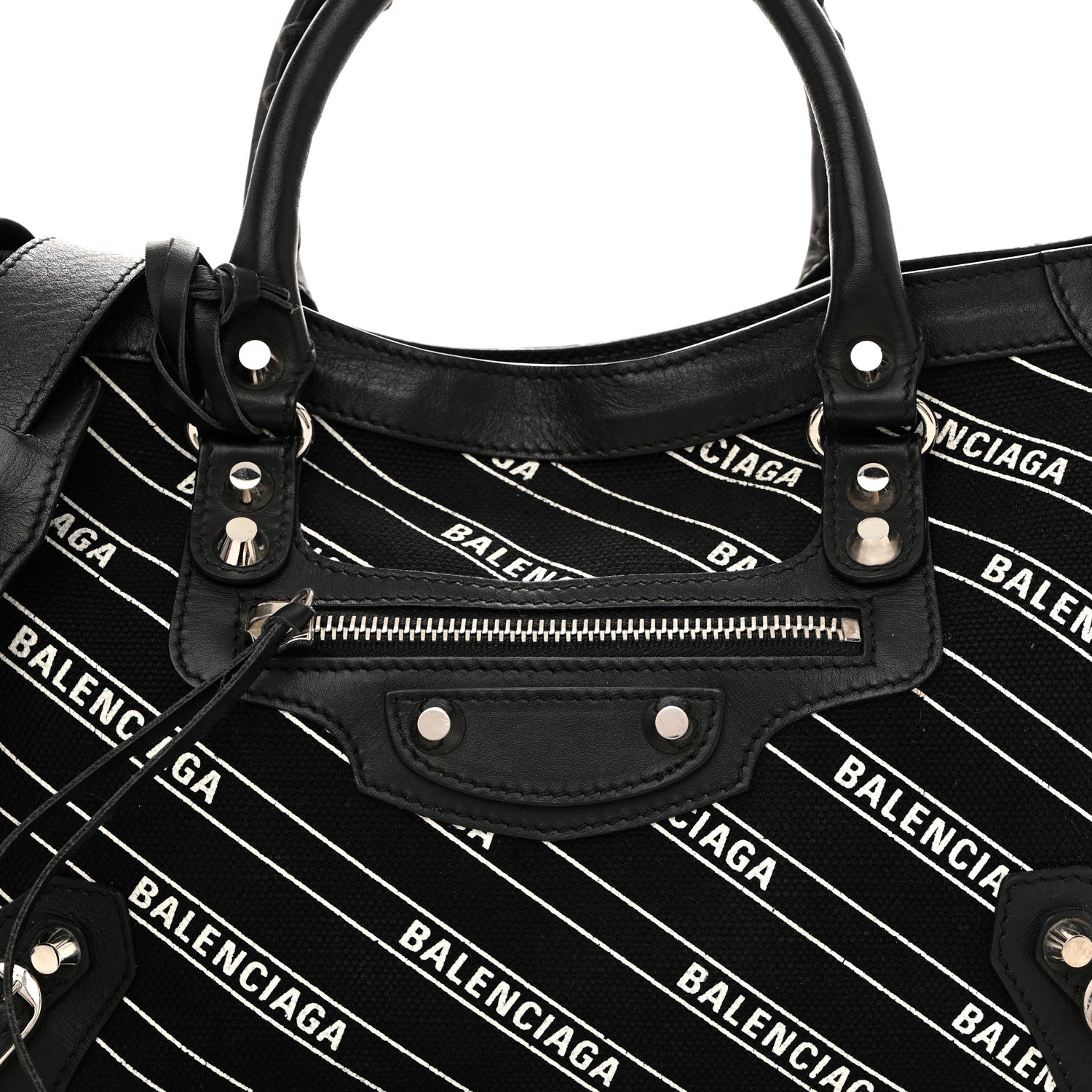 Balenciaga Canvas Satin Calfskin Diagonal Allover Logo Print Classic Silver Hardware S City Black White 9 of 12