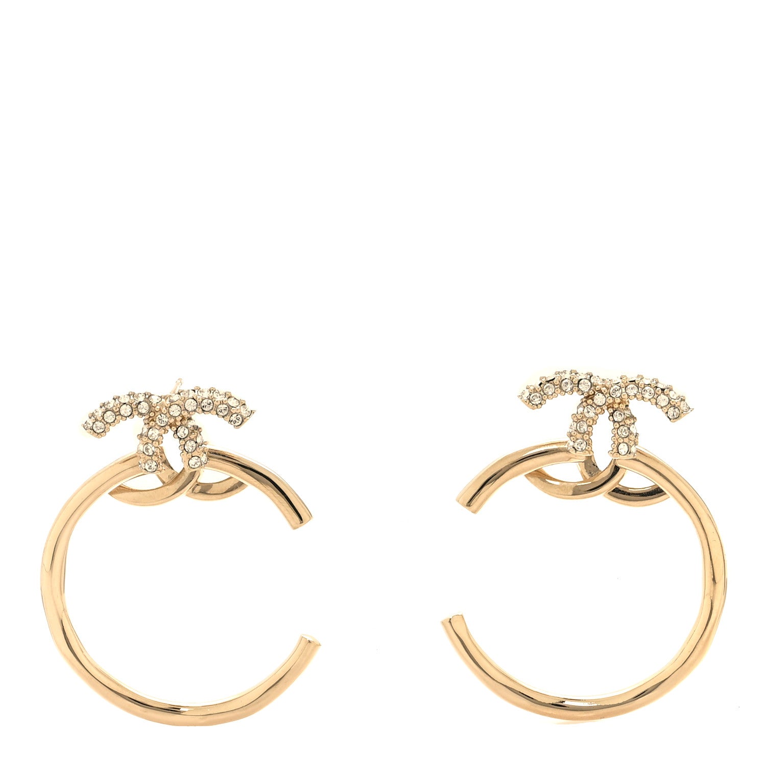 Chanel Crystal CC Hoop Drop Earrings Light Gold 1 of 5