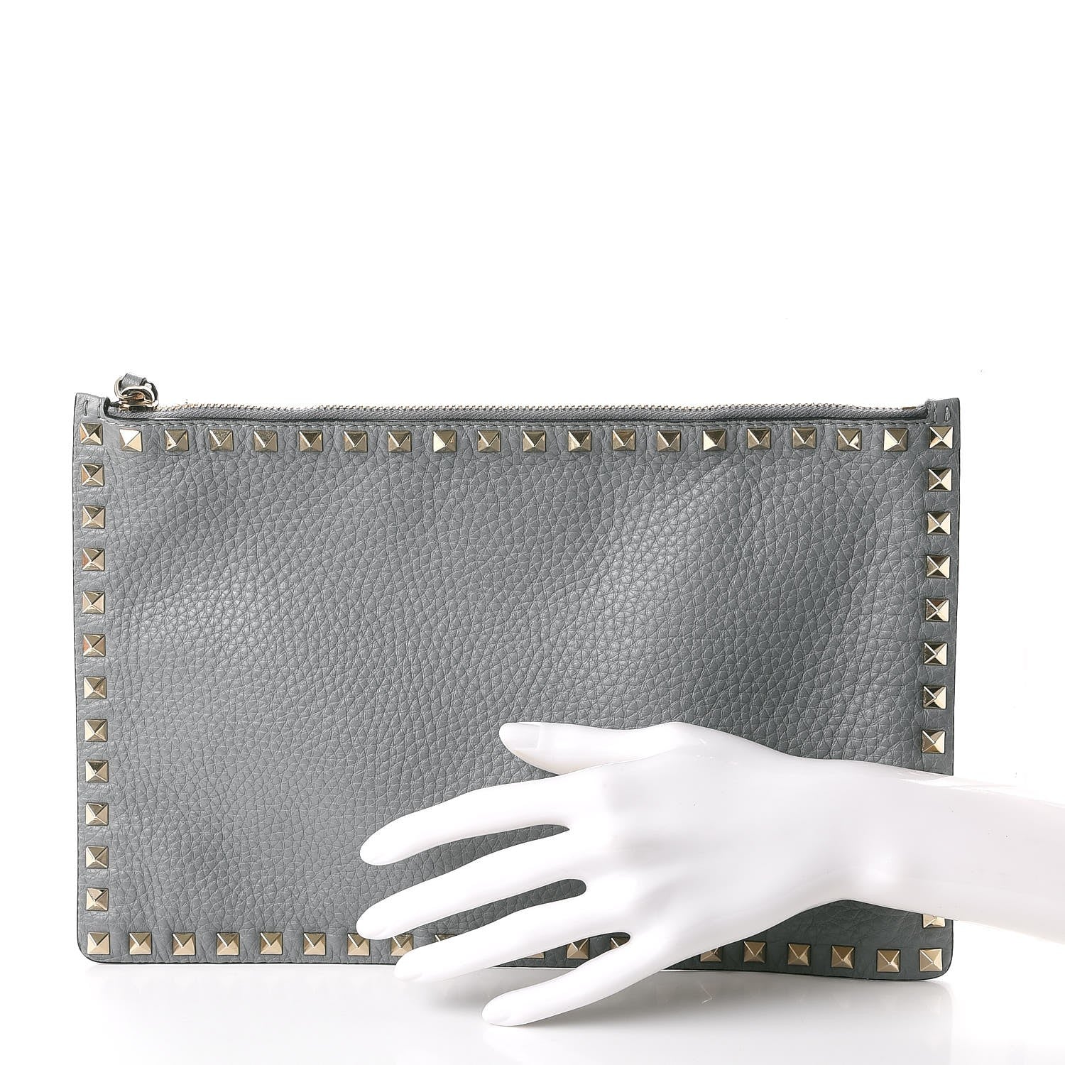 Valentino Garavani Pebbled Calfskin Large Rockstud Zip Pouch Light Stone 2 of 8