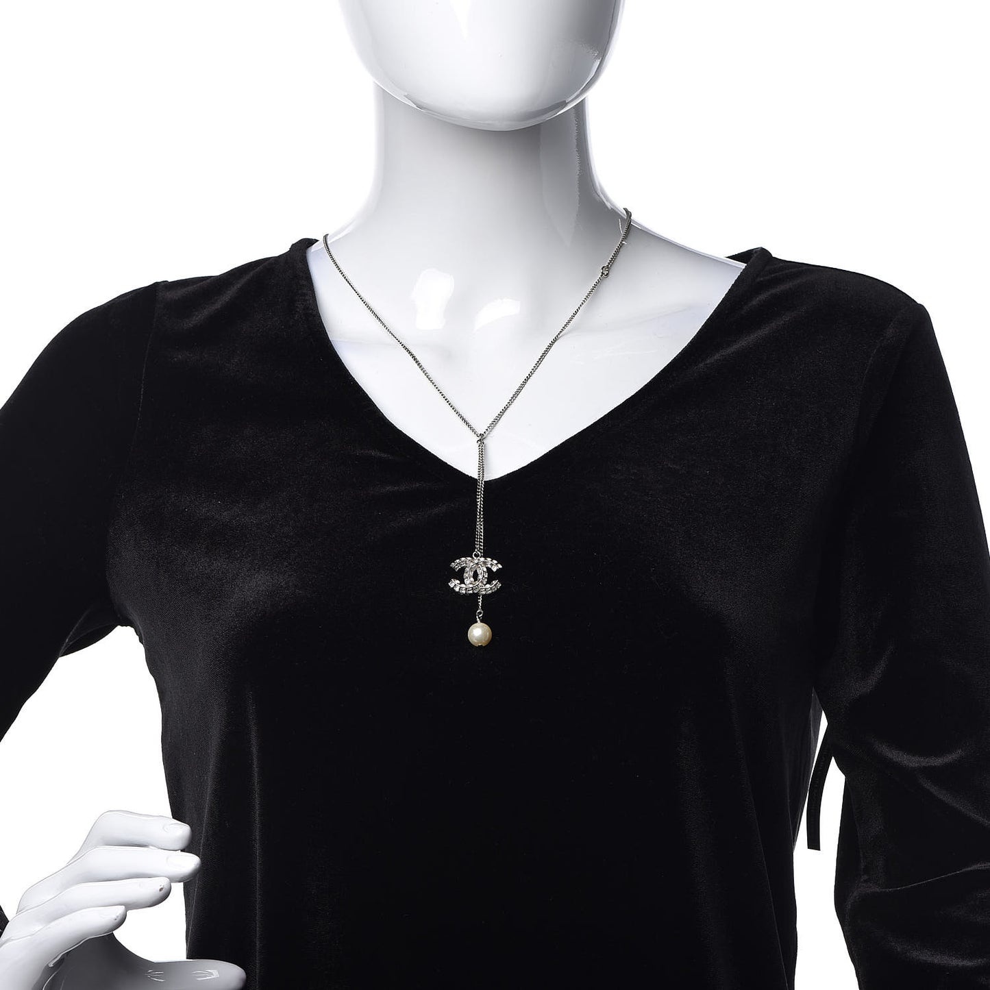 Baguette Crystal Pearl CC Lariat Necklace Silver