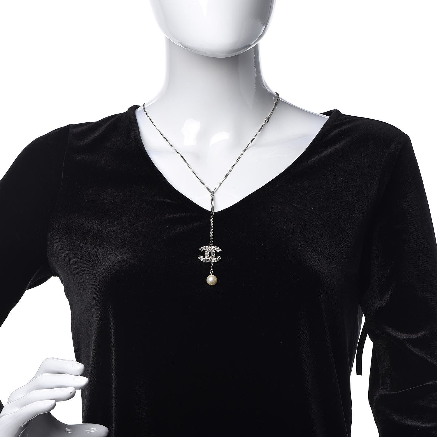Chanel Baguette Crystal Pearl CC Lariat Necklace Silver 2 of 4