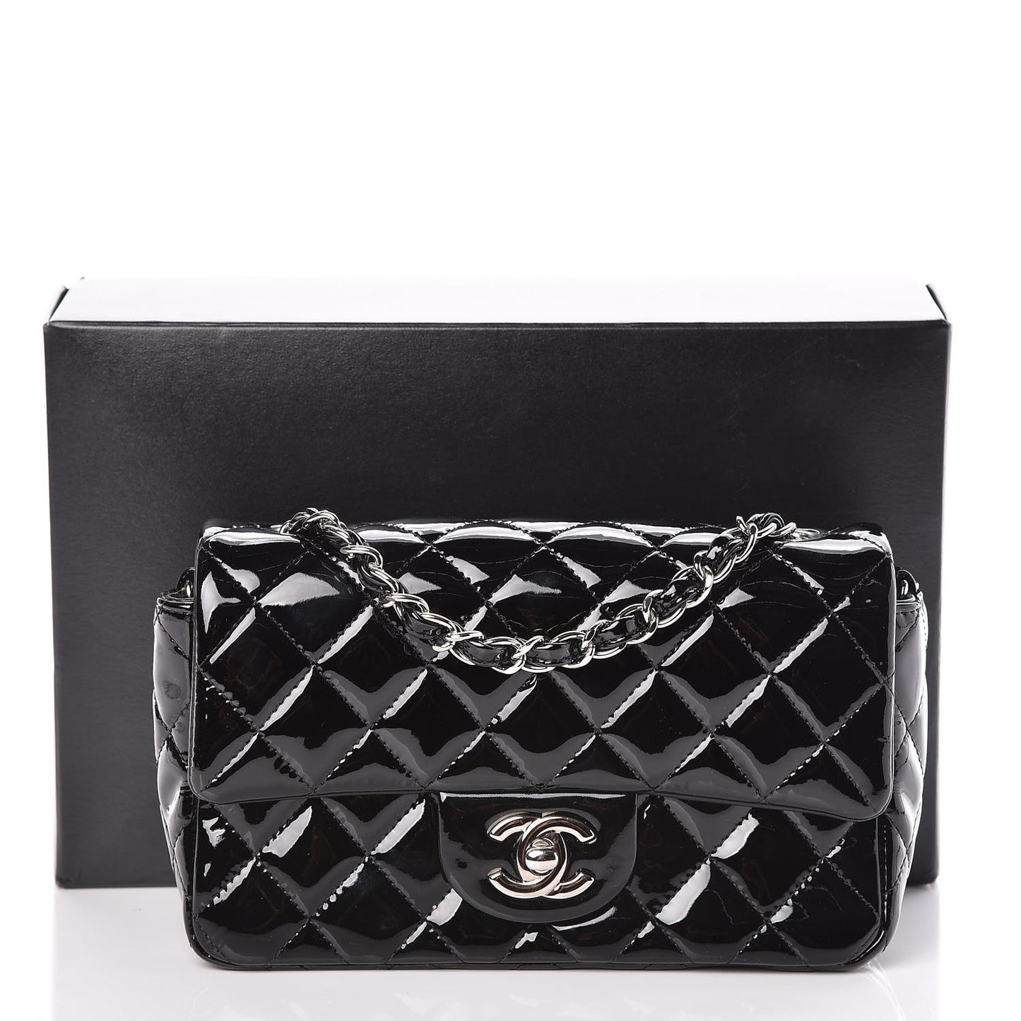 Patent Calfskin Quilted Mini Rectangular Flap Black