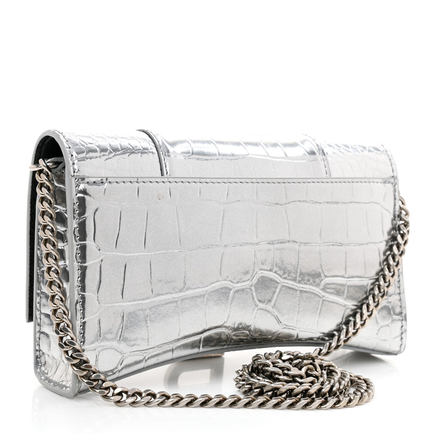 Metallic Calfskin Crocodile Embossed Hourglass Chain Bag Silver