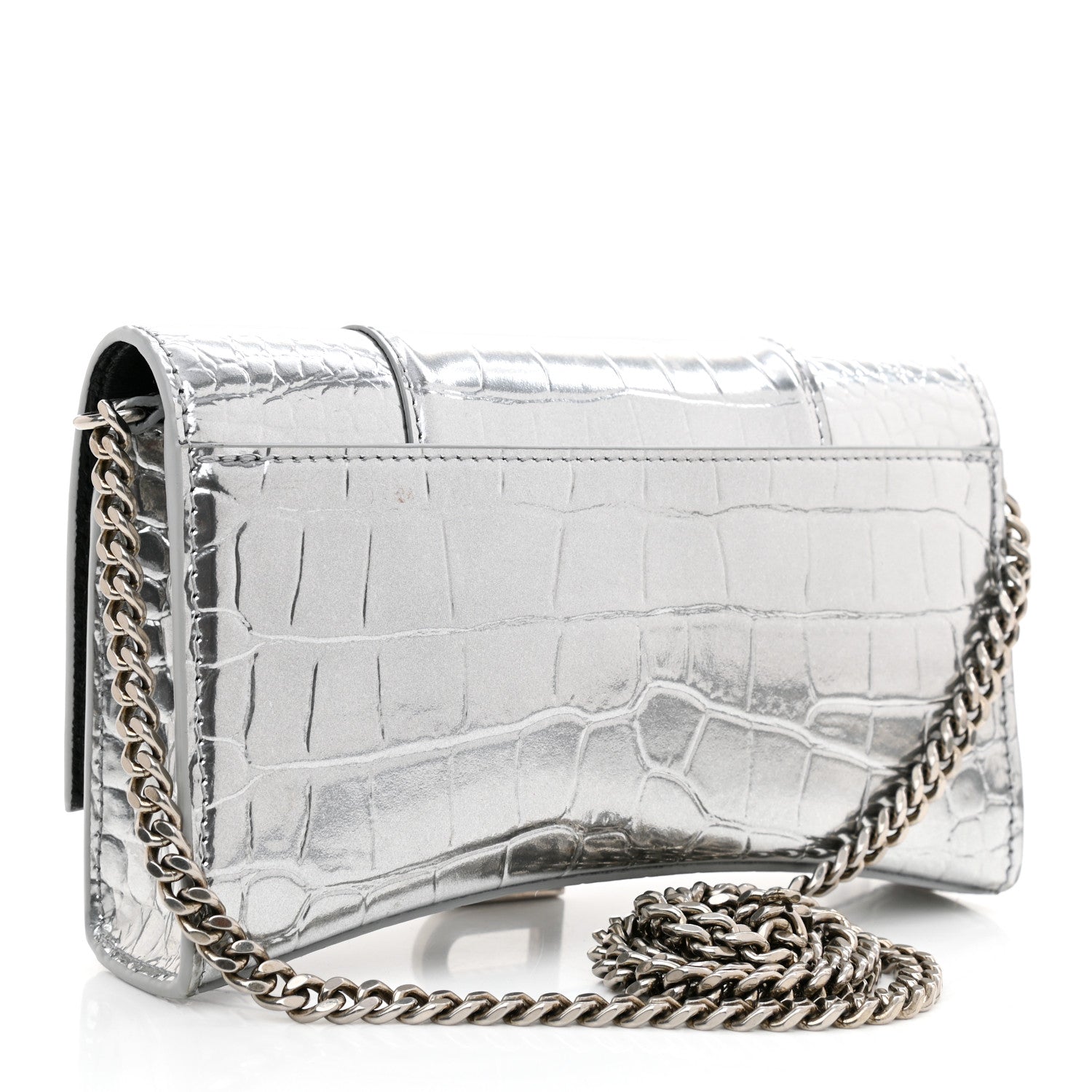 Balenciaga Metallic Calfskin Crocodile Embossed Hourglass Chain Bag Silver 4 of 7