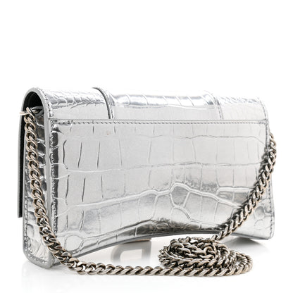 Balenciaga Metallic Calfskin Crocodile Embossed Hourglass Chain Bag Silver 4 of 7