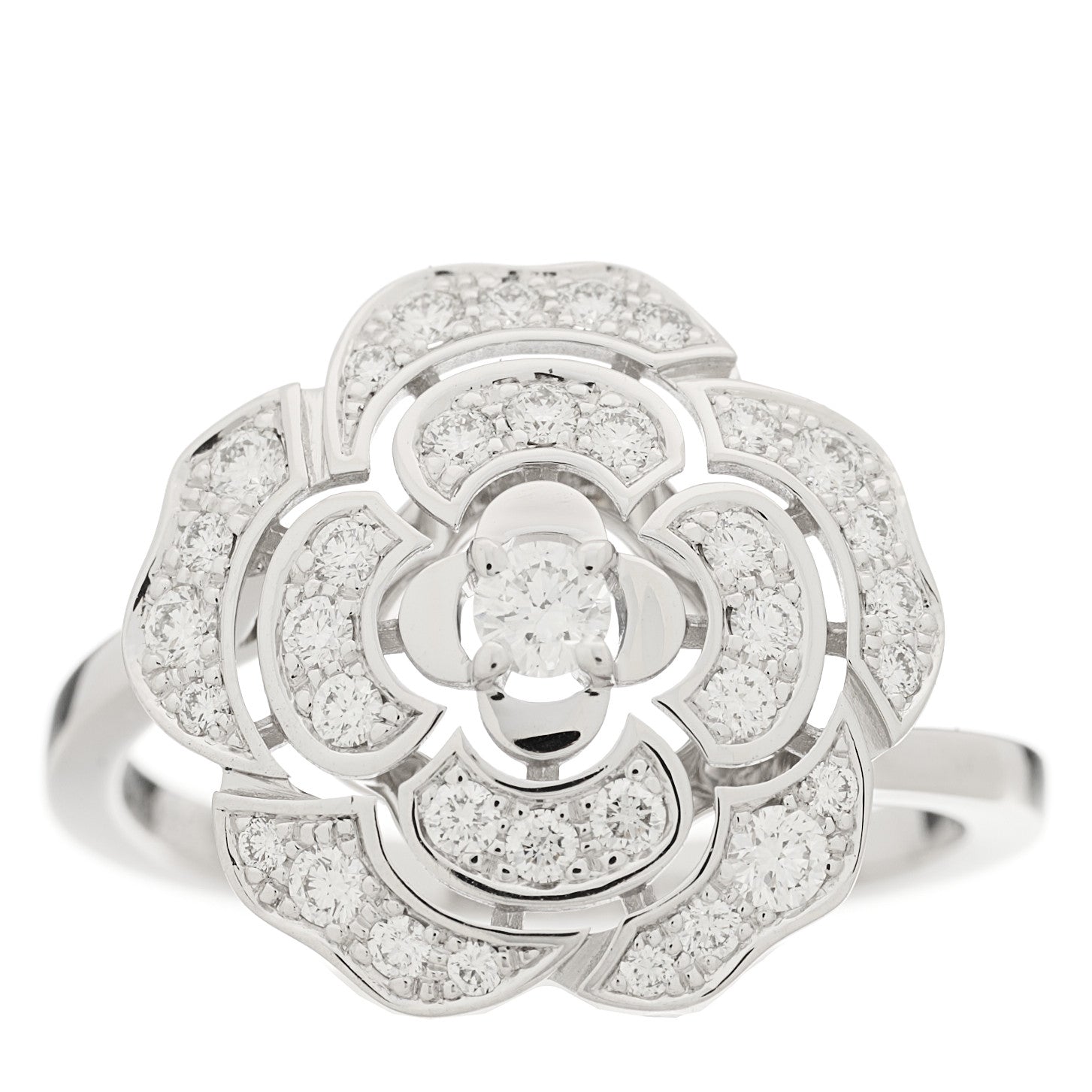 Chanel 18K White Gold Diamond Small Bouton de Camelia Ring 50 5.25 1 of 5