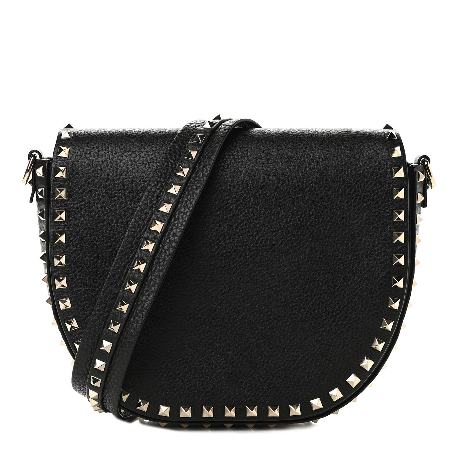 Calfskin Large Rockstud Halfmoon Saddle Bag Black