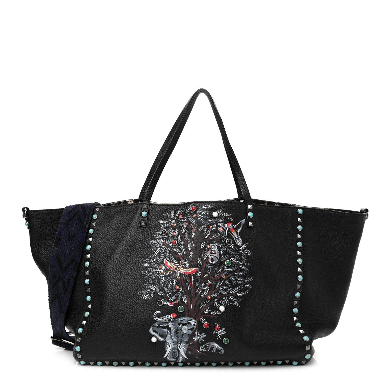 Valentino Garavani Stampa Alce Calfskin Large Tree of Life Rockstud Rolling Reversible Tote Black Multicolor 1 of 9