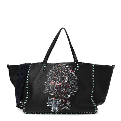 Valentino Garavani Stampa Alce Calfskin Large Tree of Life Rockstud Rolling Reversible Tote Black Multicolor 1 of 9