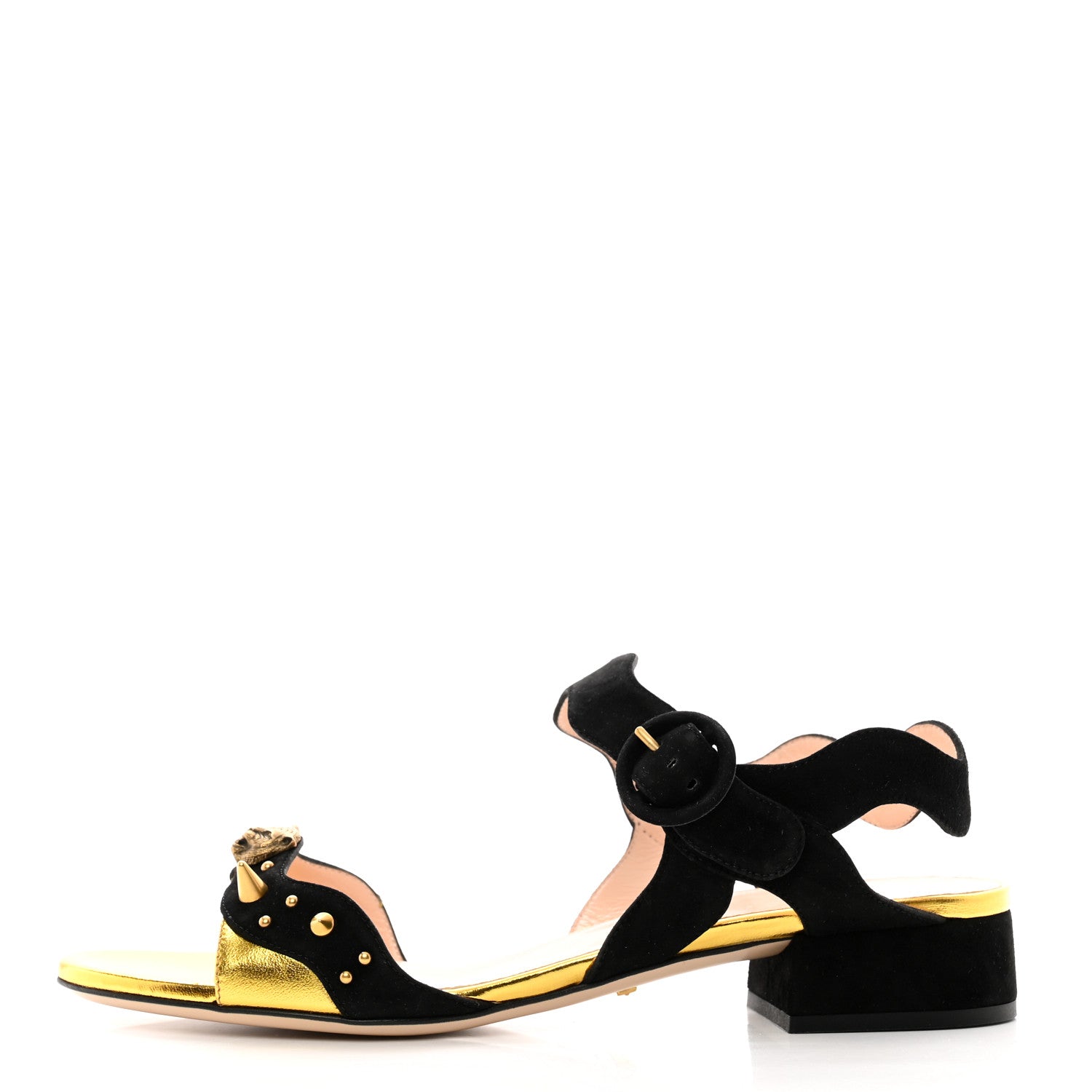 Gucci Velvet Metallic Nappa Spiked Feline Sandals 38 Black Gold 1 of 8
