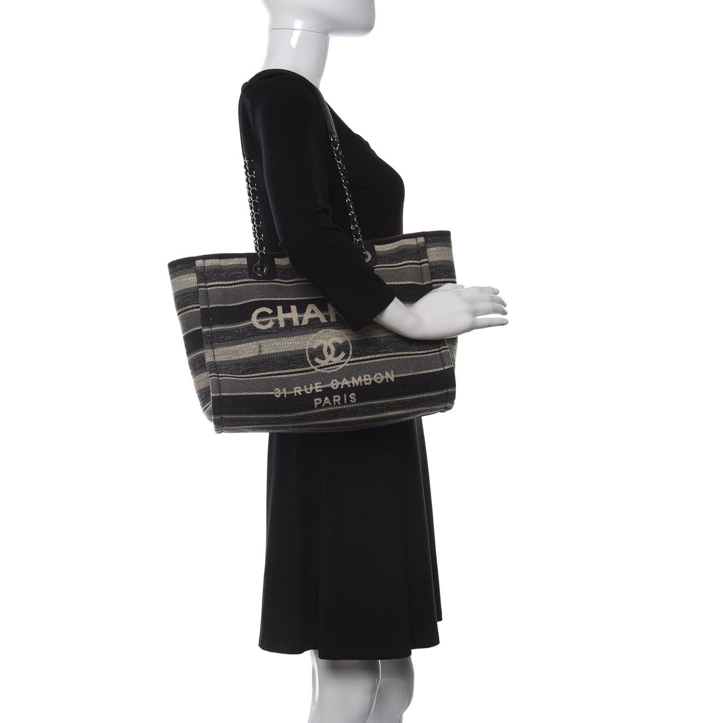 Striped Canvas Small Deauville Tote Dark Grey