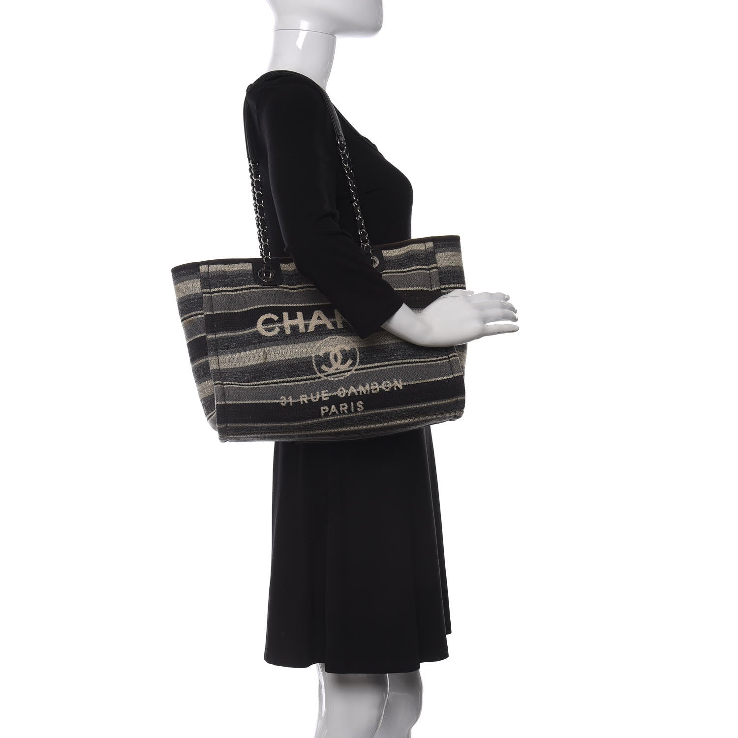 Chanel Striped Canvas Small Deauville Tote Dark Grey 2 of 10