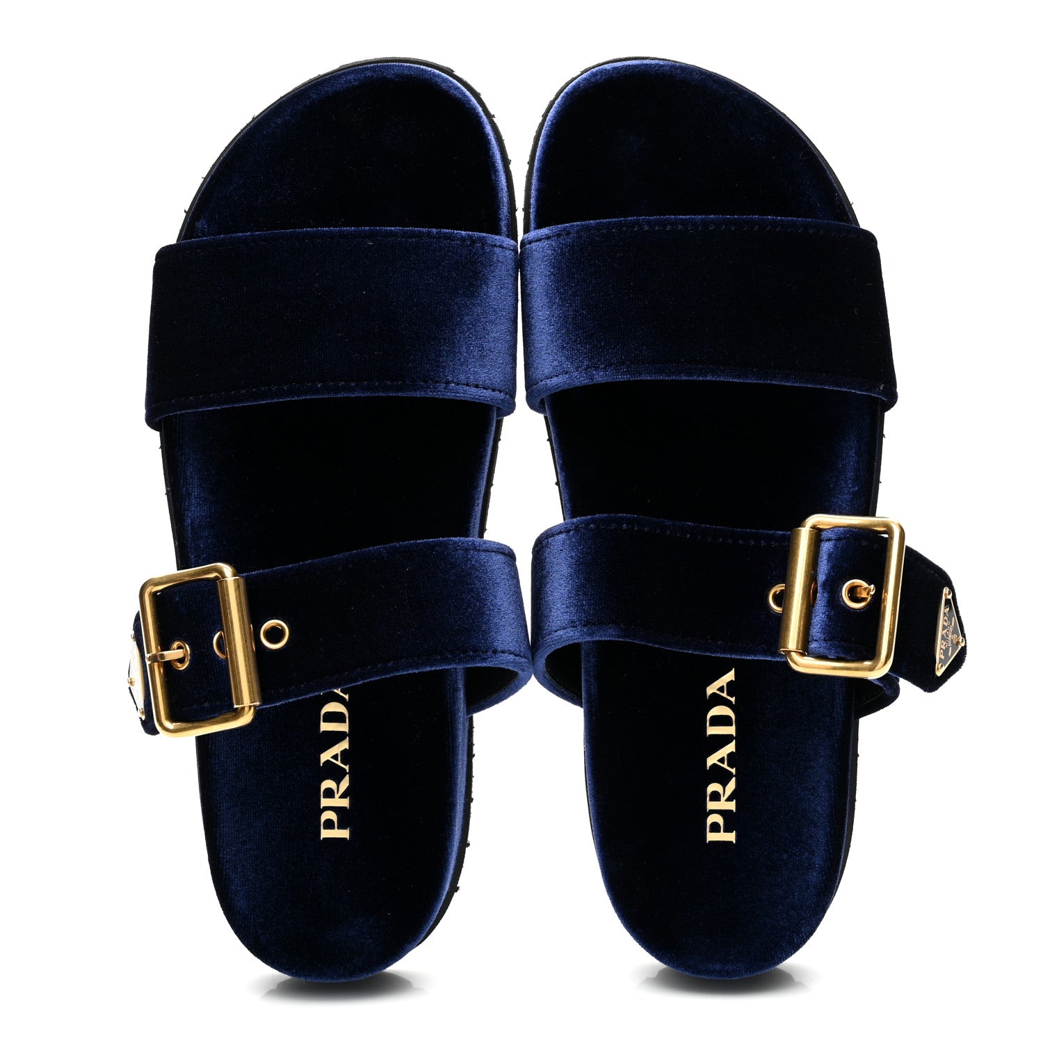 Prada Velvet Metal Triangle Logo Womens Double Buckle 20mm Slide Sandals 39 Bleu 5 of 10