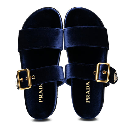 Prada Velvet Metal Triangle Logo Womens Double Buckle 20mm Slide Sandals 39 Bleu 5 of 10