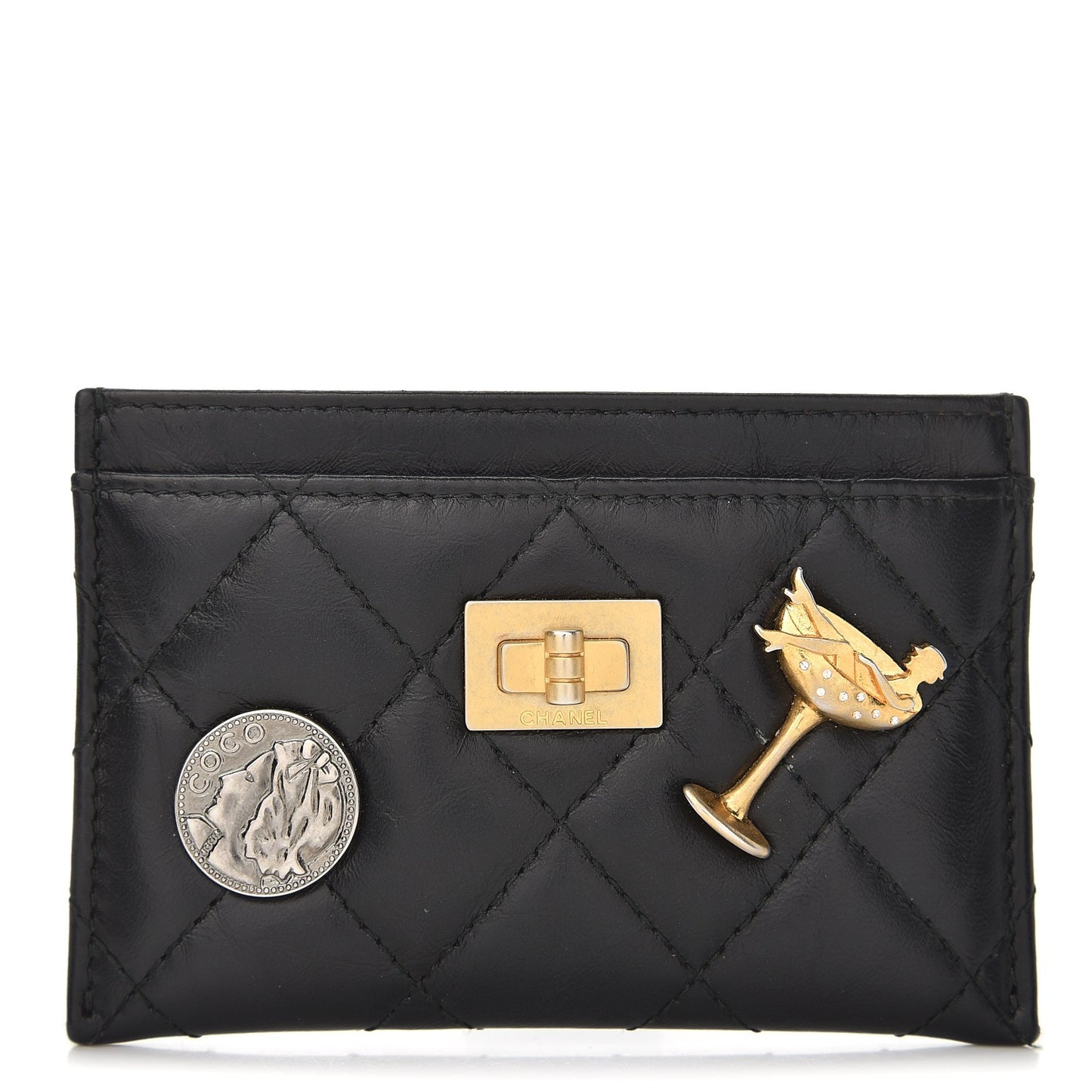 Aged Calfskin Quilted Lucky Charms Reissue Card Holder Black