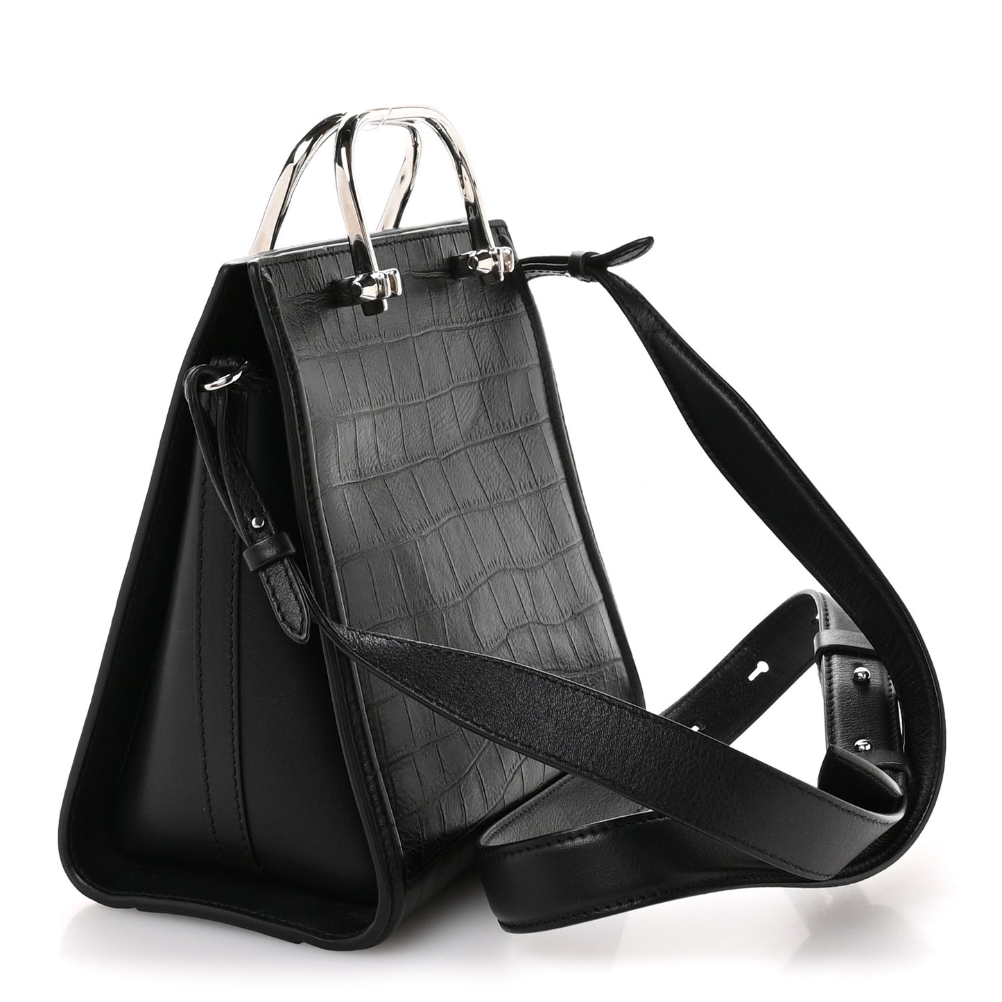 Crocodile Embossed Calfskin The Short Story Shoulder Bag Black