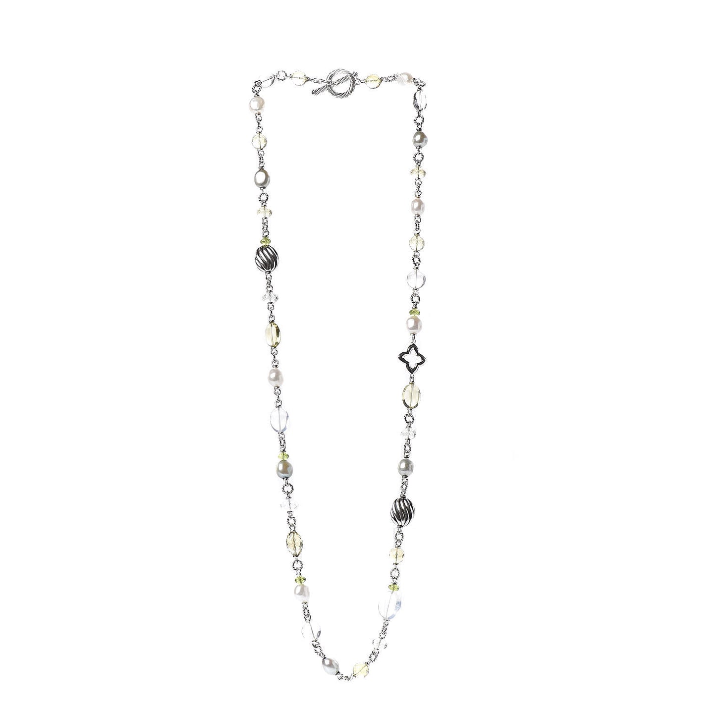 Sterling Silver Pearl Peridot Citrine Quartz Quatrefoil Chain Necklace
