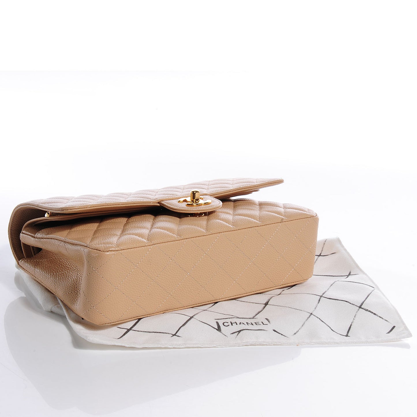 Caviar Quilted Medium Double Flap Beige