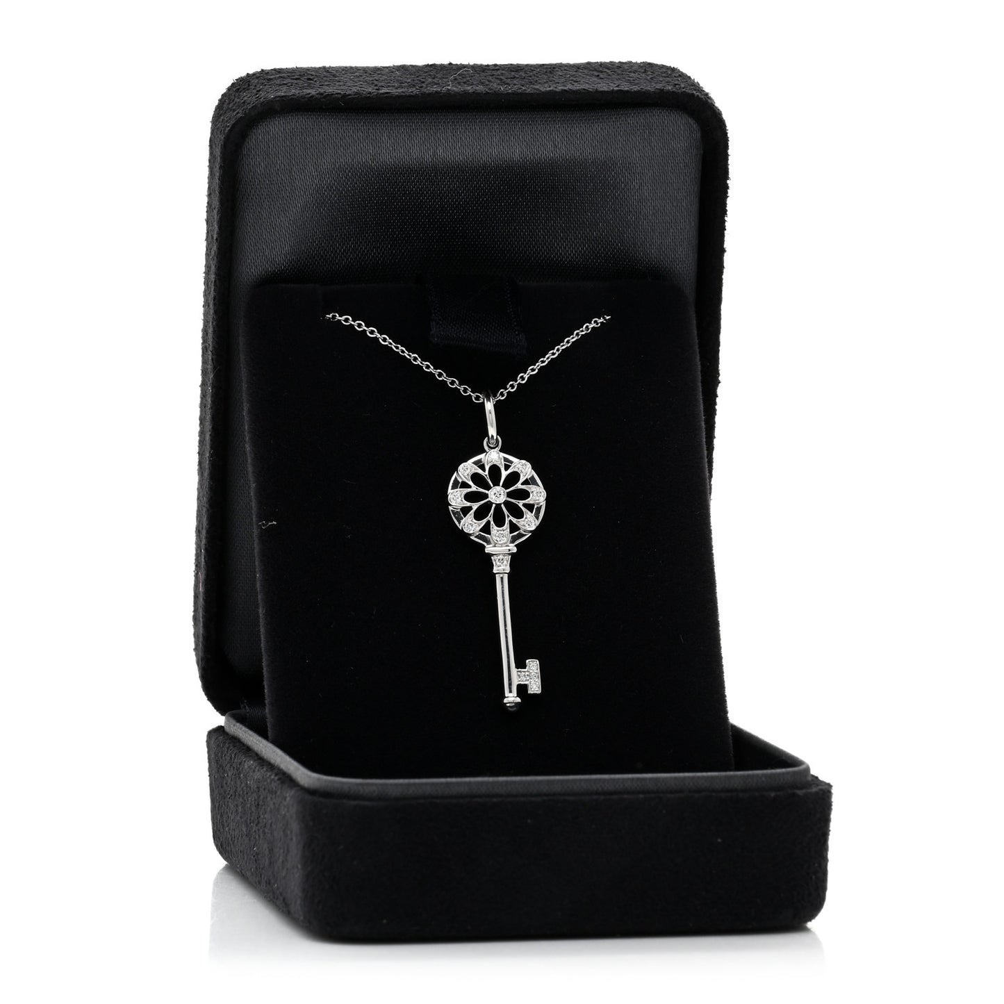 18K White Gold Diamond Floral Key Pendant Necklace