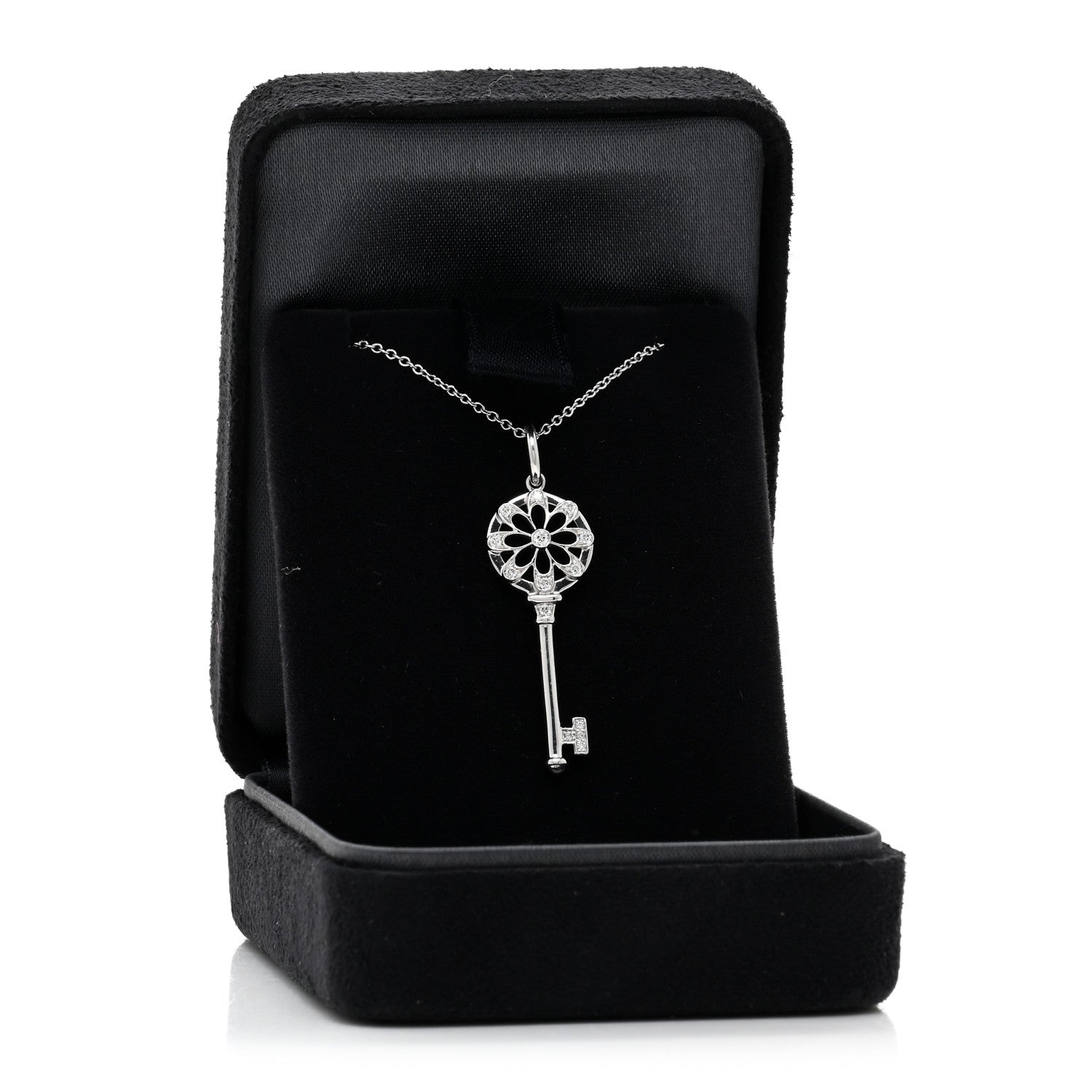 Tiffany 18K White Gold Diamond Floral Key Pendant Necklace 5 of 5