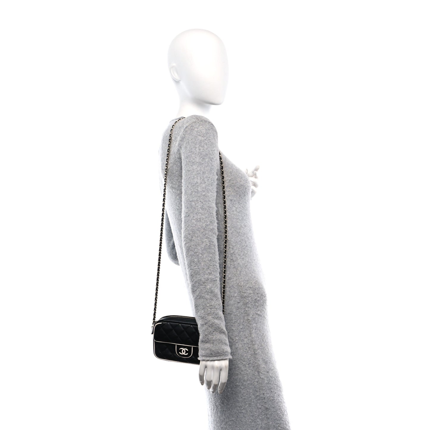 Lambskin Resin Quilted Chain Camera Bag Black White