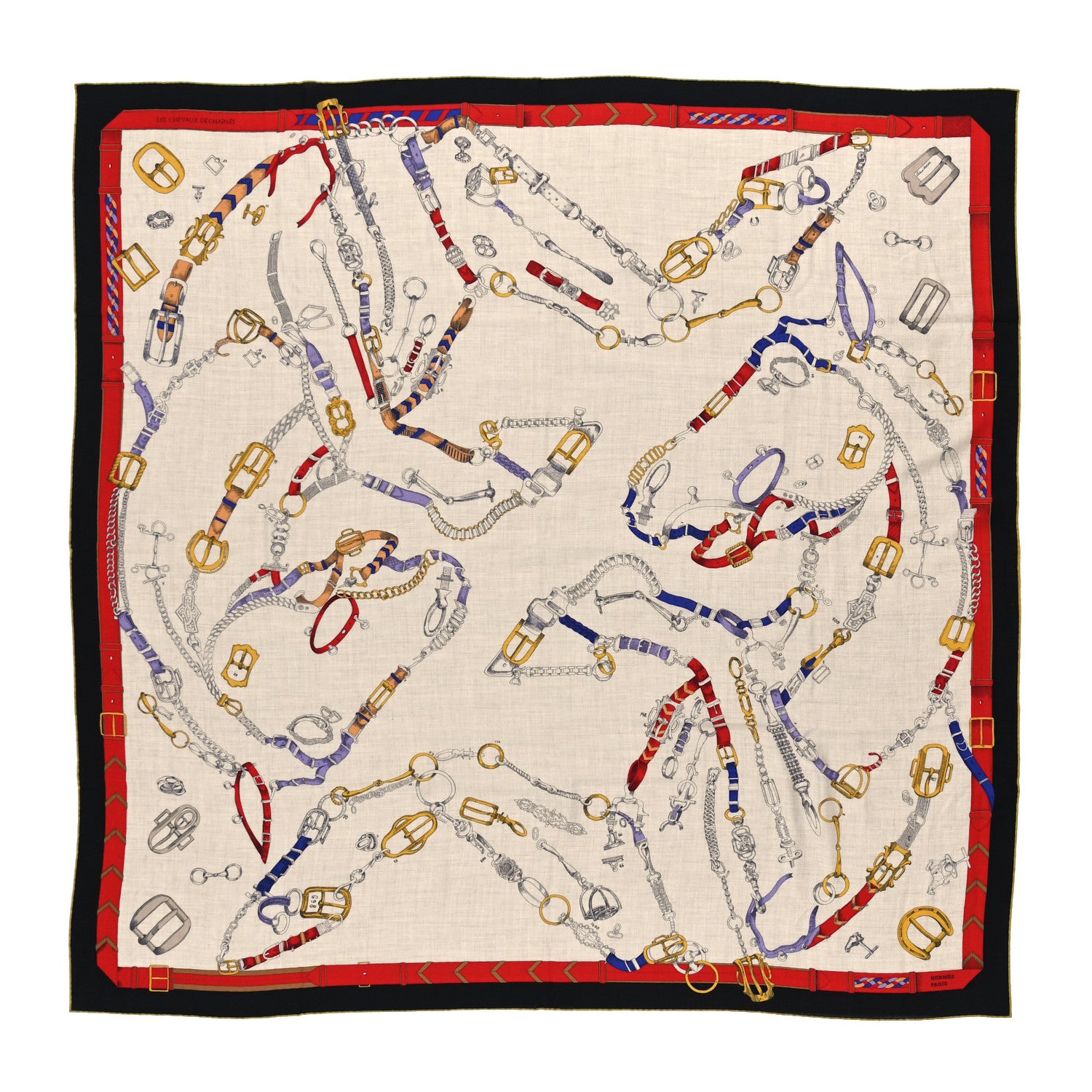 Hermes Cashmere Silk Chevaux Dechaines Shawl 140 Naturel Marine 1 of 4