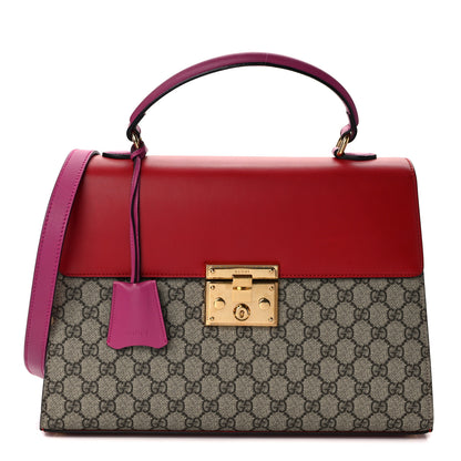 Gucci GG Supreme Monogram Calfskin Medium Padlock Top Handle Bag Beige Hibiscus Red New Rosette 1 of 15