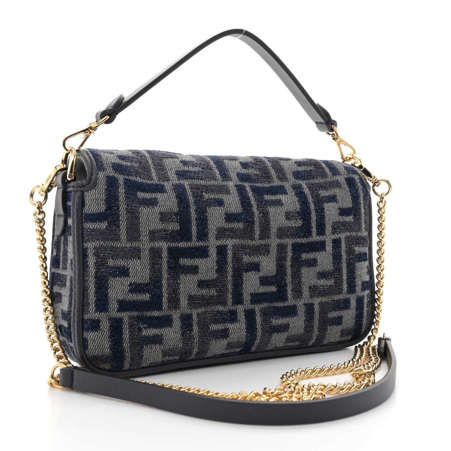 Chenille Vitello Grace FF Embroidered Mini Baguette Dark Blue Grey