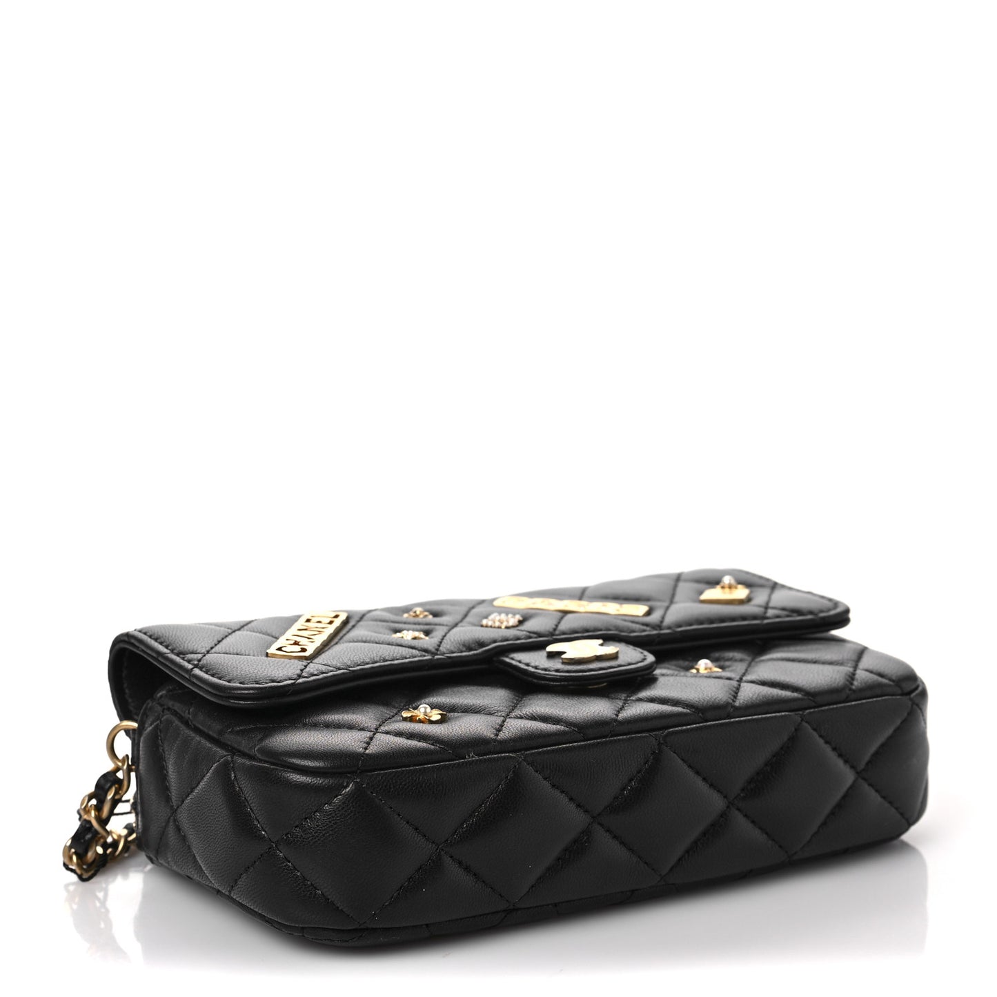 Lambskin Quilted Charm Flap Phone Holder With Chain Black