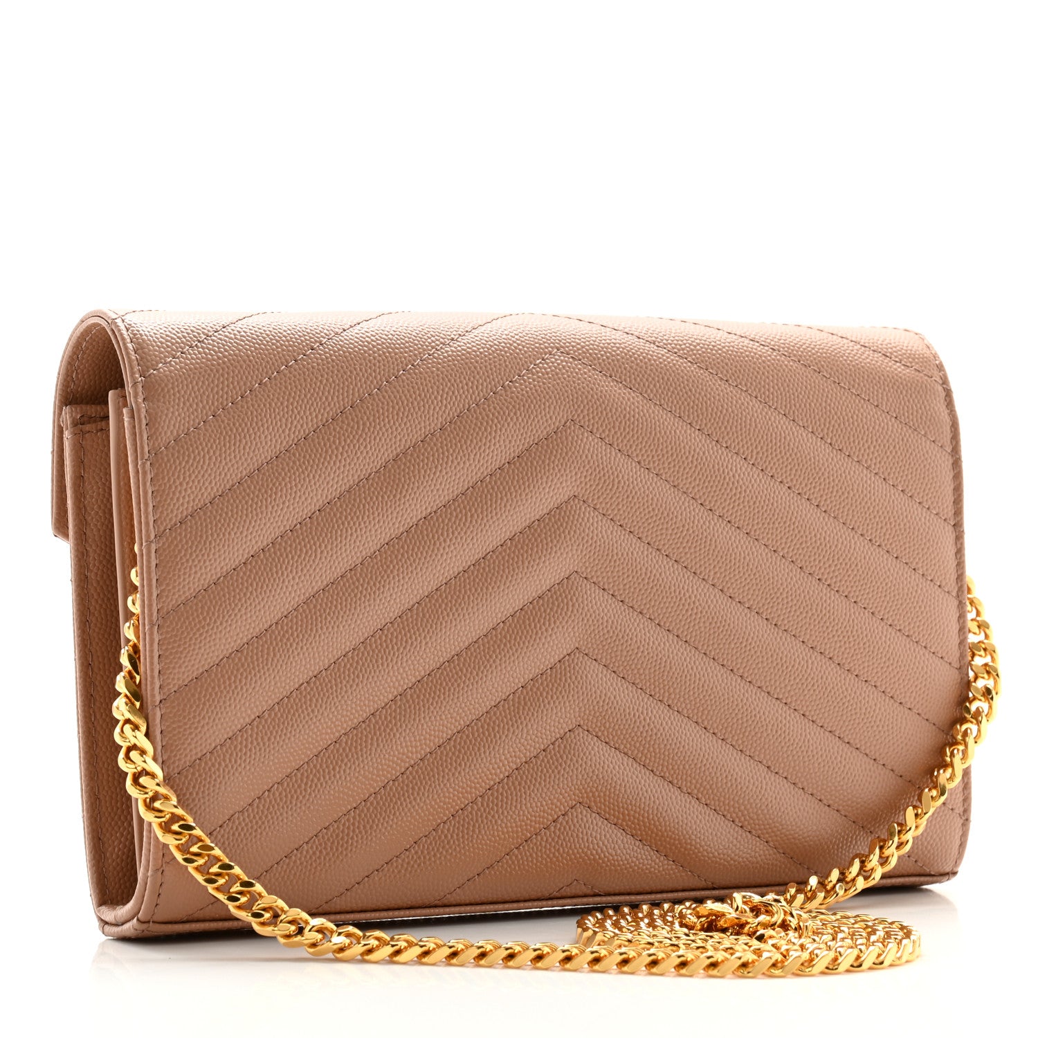 Saint Laurent Grain De Poudre Matelasse Chevron Monogram Chain Wallet Dark Beige 3 of 12