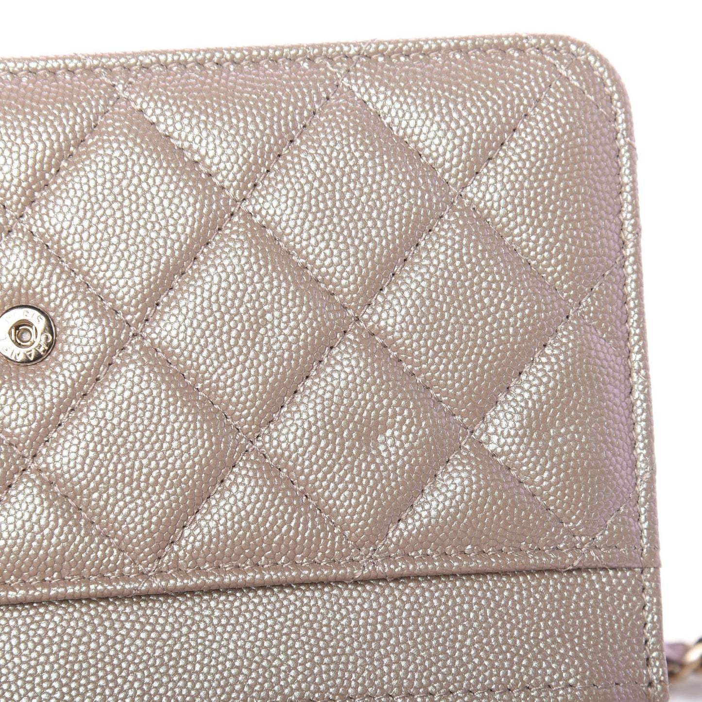 Iridescent Caviar Quilted Wallet On Chain WOC Beige