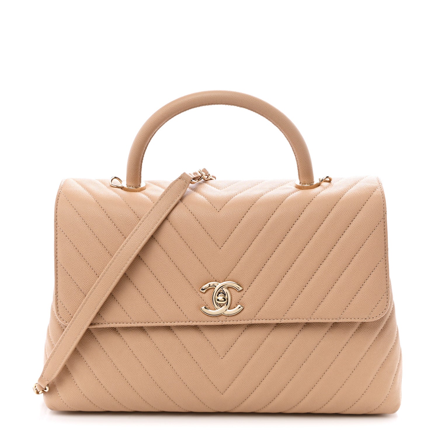 Chanel Caviar Chevron Quilted Medium Coco Handle Flap Beige 2 of 27