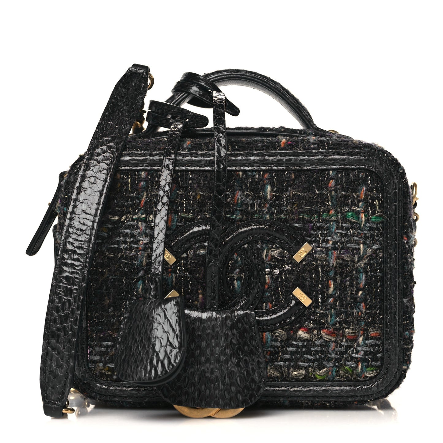 Tweed Snakeskin Quilted Small CC Filigree Vanity Case Navy Multicolor