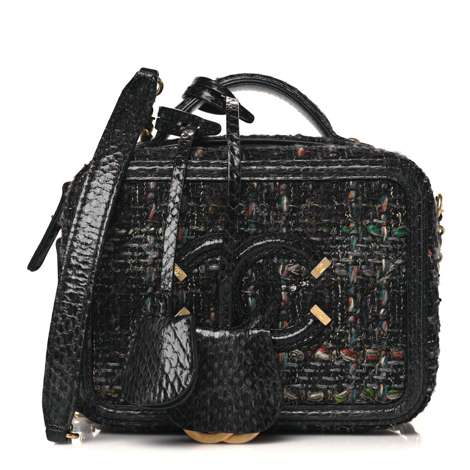 Chanel Tweed Snakeskin Quilted Small CC Filigree Vanity Case Navy Multicolor 1 of 9