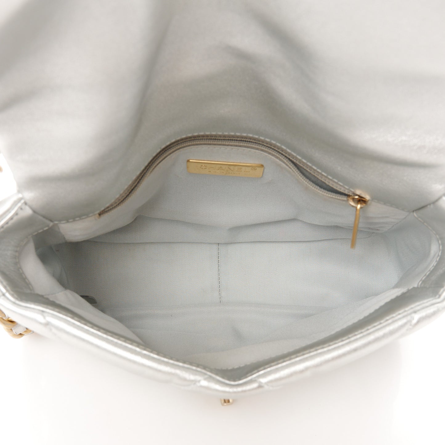 Metallic Lambskin Quilted Medium Chanel 19 Flap Silver