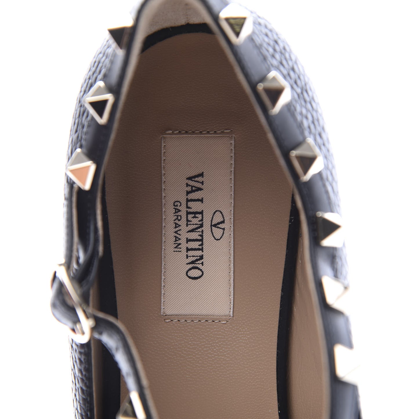 Pebbled Calfskin Rockstud Ankle Strap Ballerina Flats 38.5 Black
