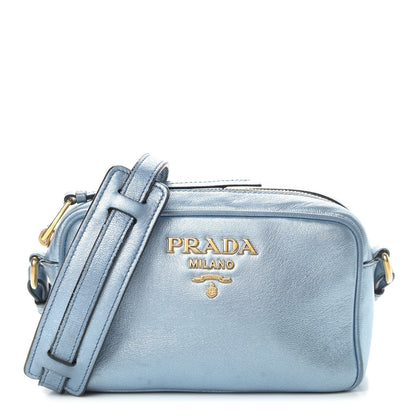Prada Metallic Vitello Daino Camera Crossbody Bag Light Blue 1 of 12
