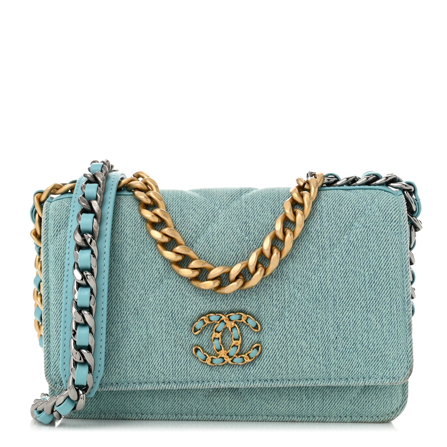 Chanel Denim Quilted Chanel 19 Wallet On Chain WOC Neon Blue 1 of 12