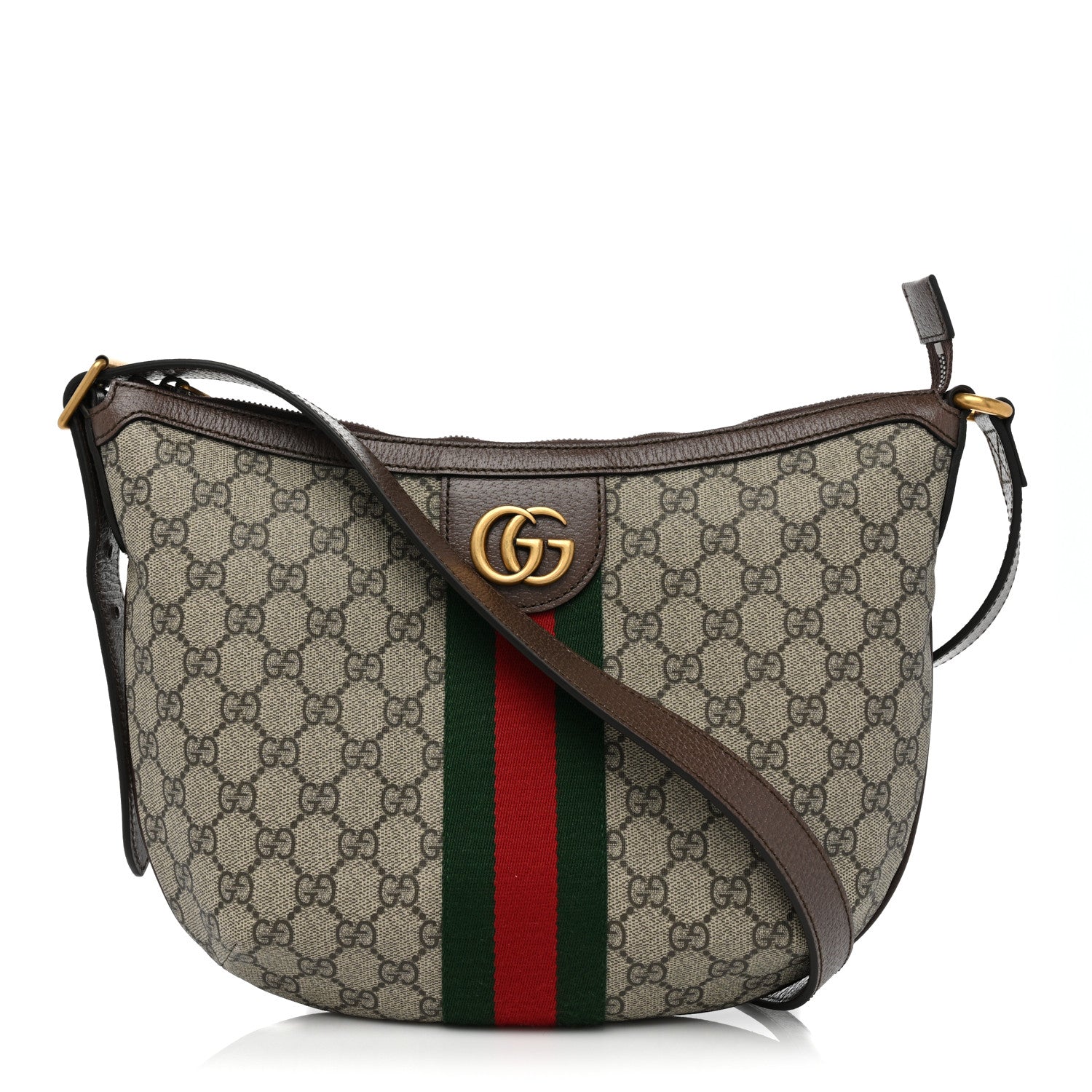 Gucci GG Supreme Monogram Textured Dollar Calfskin Web Small Ophidia Half Moon Hobo Beige Ebony New Acero 1 of 8