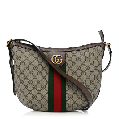 Gucci GG Supreme Monogram Textured Dollar Calfskin Web Small Ophidia Half Moon Hobo Beige Ebony New Acero 1 of 8