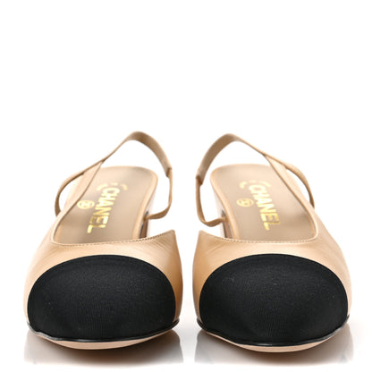 Chanel Goatskin Grosgrain Cap Toe CC Slingback Pumps 40 Beige Black 2 of 7